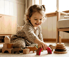 Happy Toddler Playing with Wooden Toys Cross Stitch Pattern - Embroidered