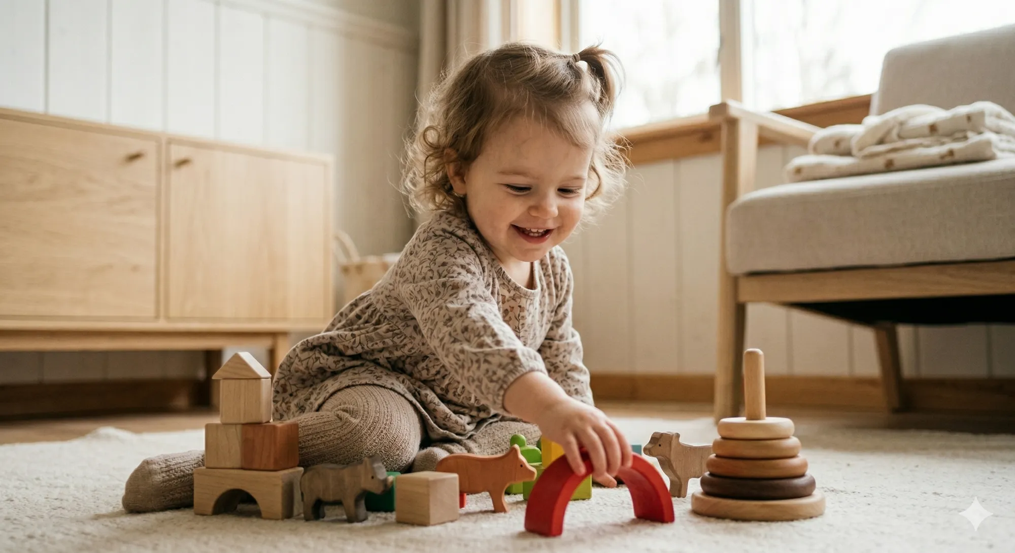 Patrón Punto de Cruz Niña Feliz Jugando con Juguetes de Madera