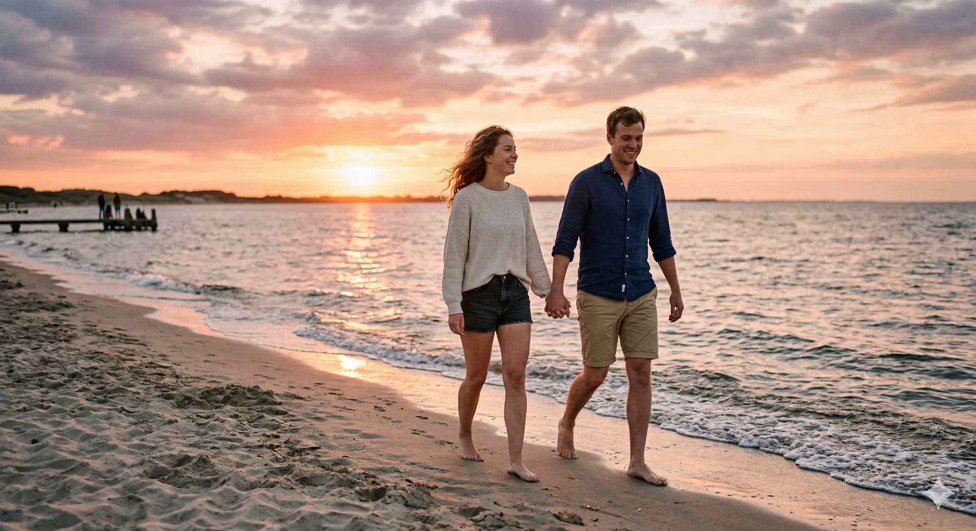 Romantische Strandwandeling bij Zonsondergang Borduurpatroon